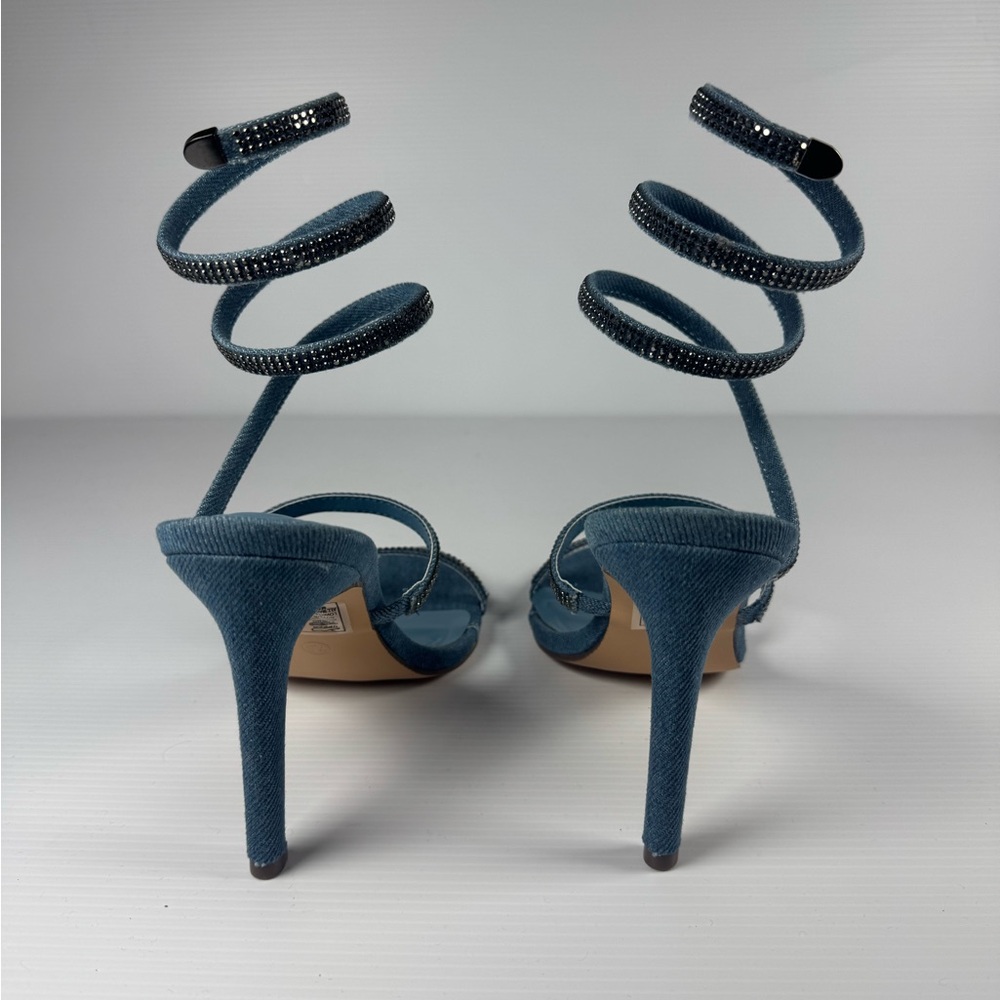 Azalea Wang Lowri Denim Sparkle Rhinestone Spiral Wrap Heels NWT - Picture 3 of 6